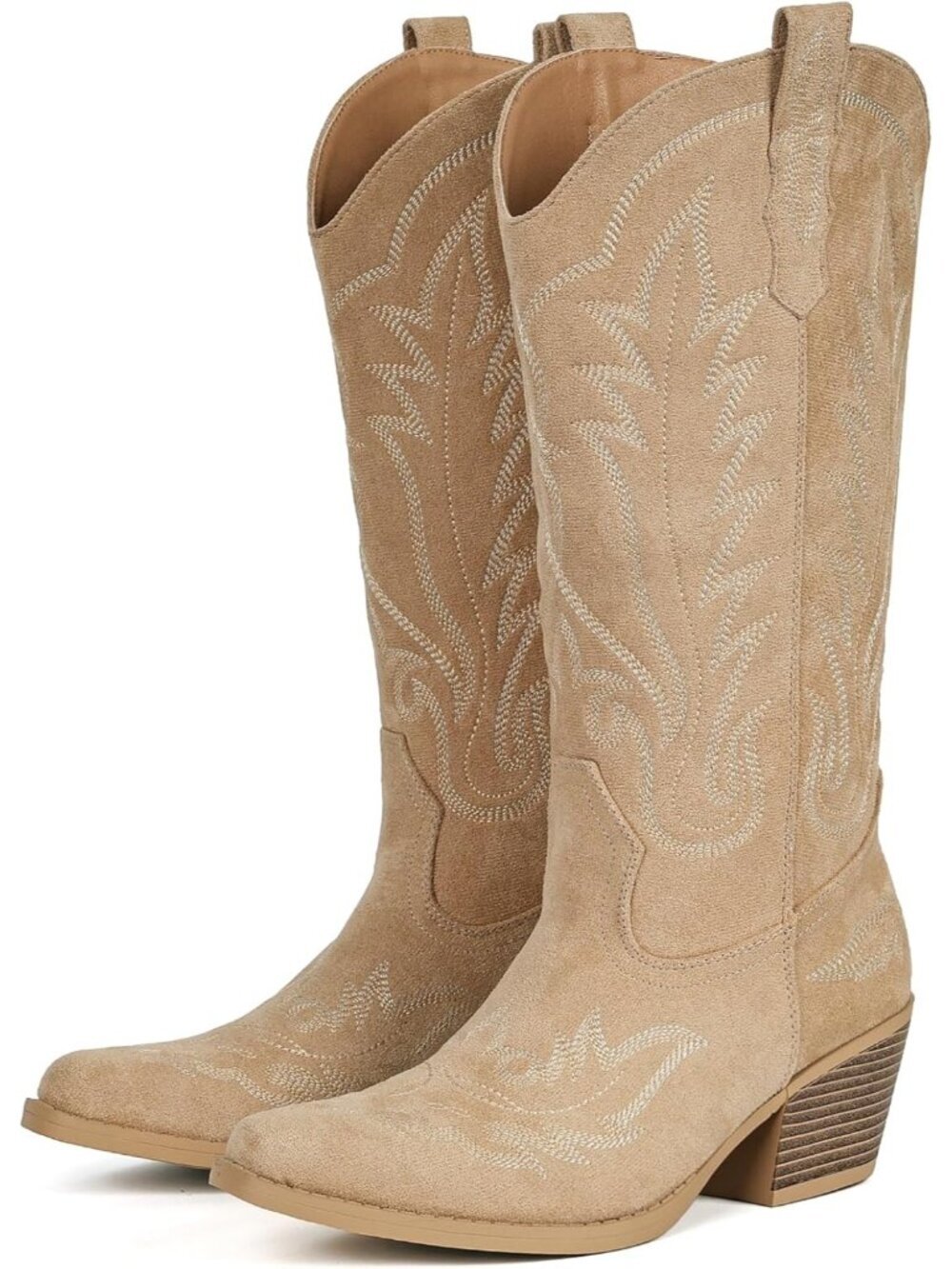 Women Light  Apricot Pull-On Mid-Calf Cowboy Boots Snip Toe Chunky Block Heel